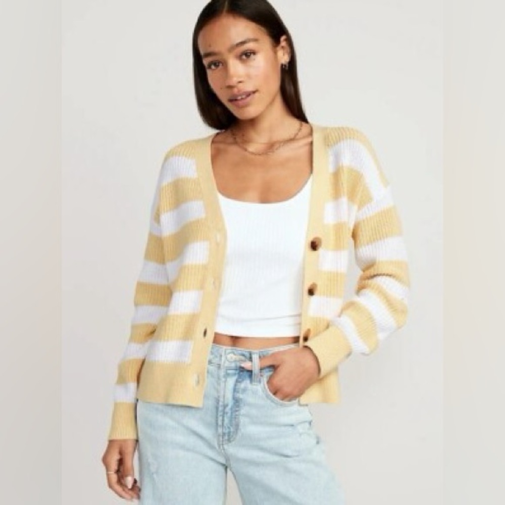 Old Navy | Butter Yellow and White Striped 100% Cotton Cardigan Sweater (S)